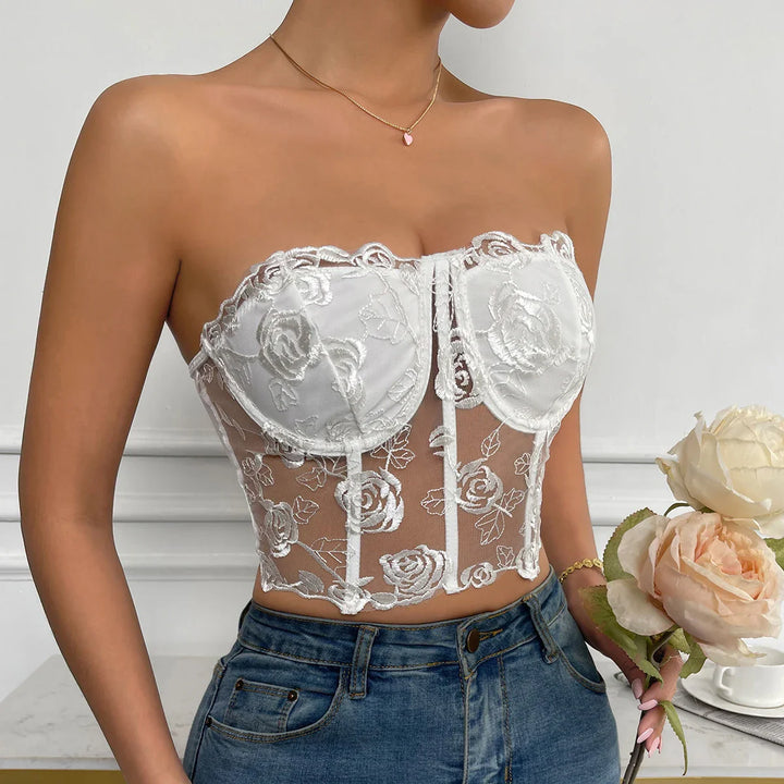 Strapless Mesh Top with Floral Embroidery - Noya Lee