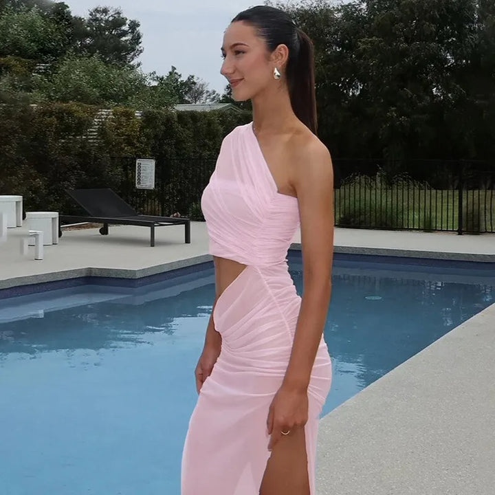 Asymmetric Chiffon Maxi Dress with Slit - Shi Lin
