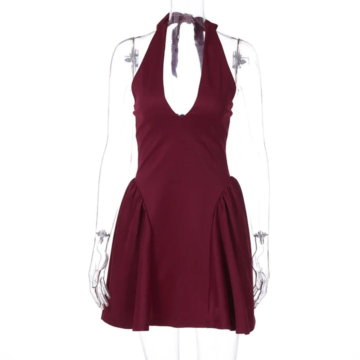 Mini A-line dress with V-neck and neck tie - Yolanda
