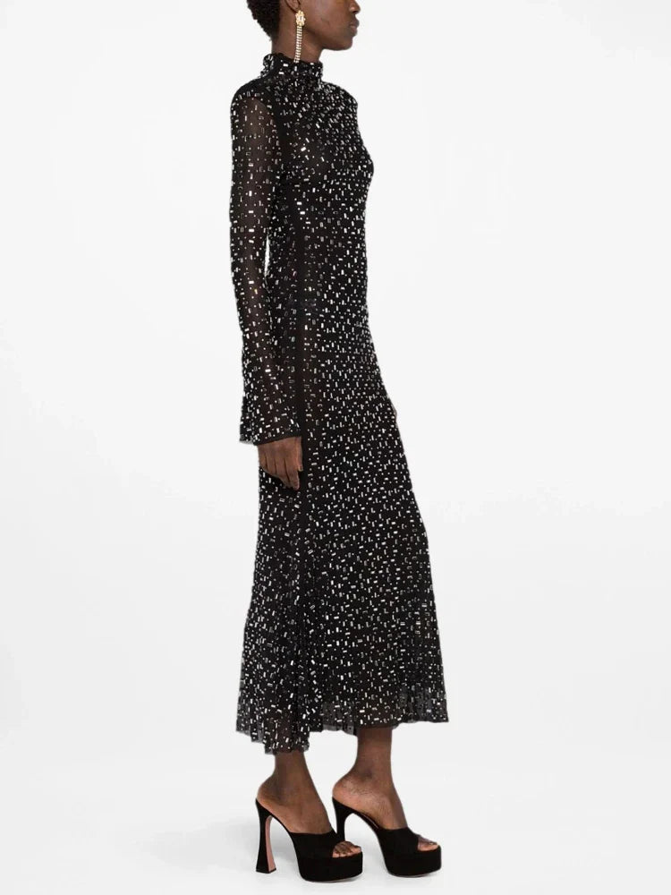 Luxurious Evening Maxi Dress with Sparkling Diamond Embellishment and Turtleneck Collar - Emerson