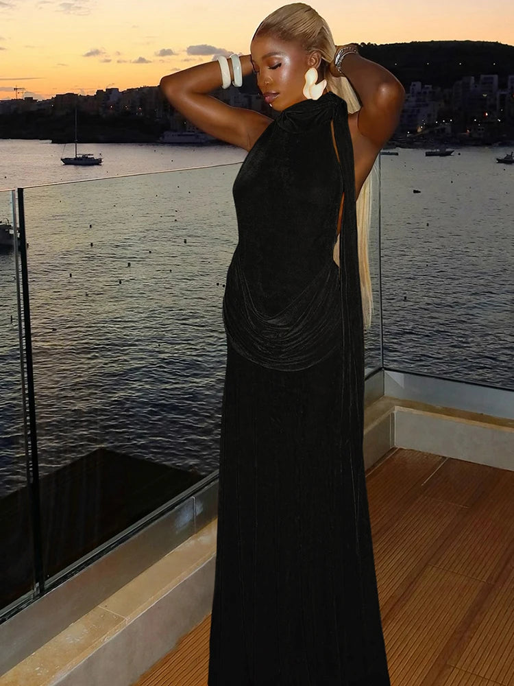 Velvet Collar Maxi Dress with Open Back and Pleats - Ciara