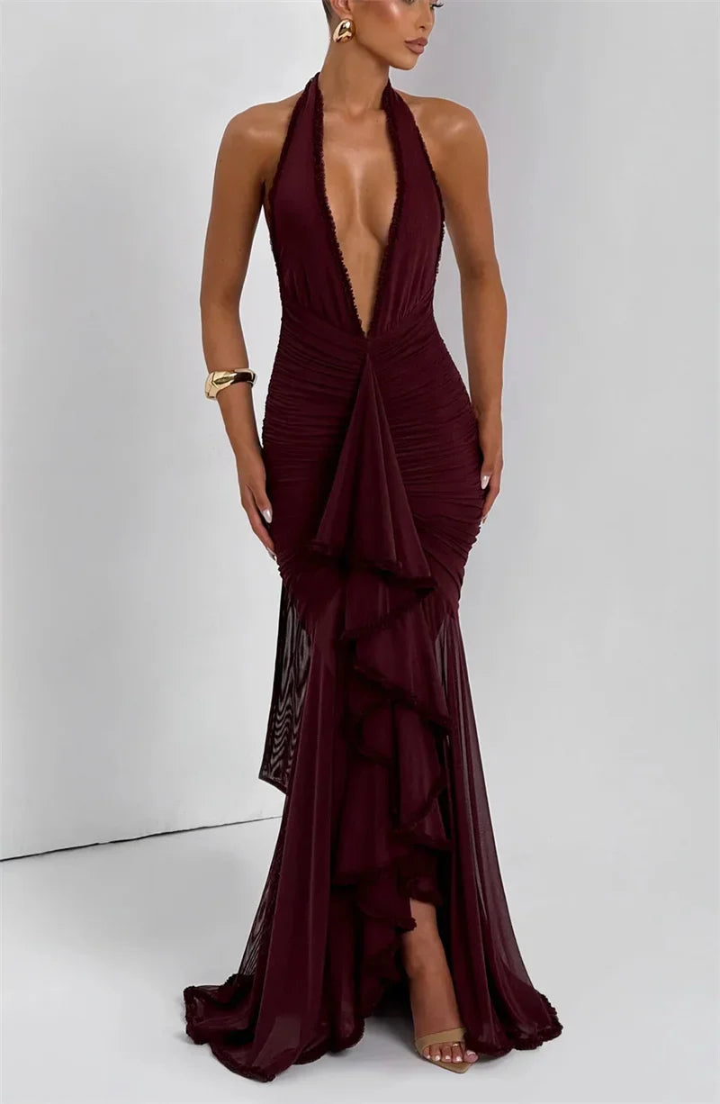 Maxi chiffon dress with ruffles, tie neck, and open back - MARGARITA