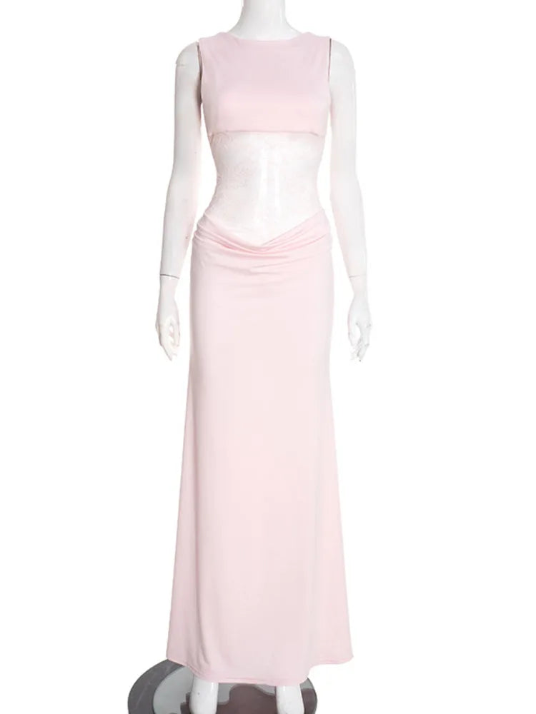 Maxi Dress with Lace and Pleats, Open Back - Lilin