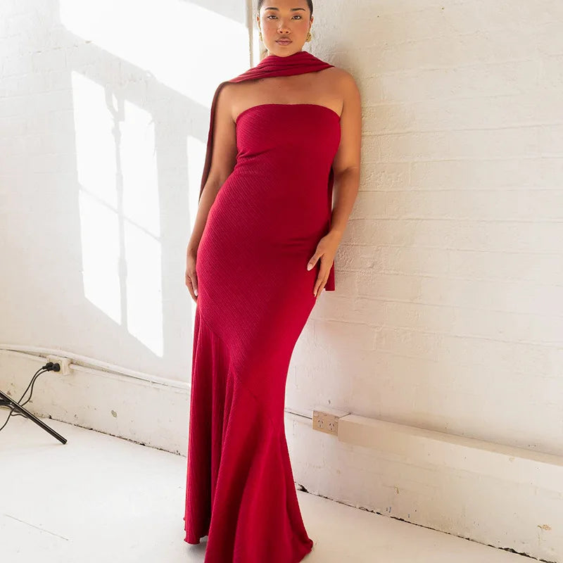 Strapless Maxi Dress with Scarf - Elinora