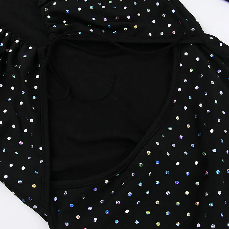 Maxi evening dress with sequins, decorated with a tie neckline - Michaela