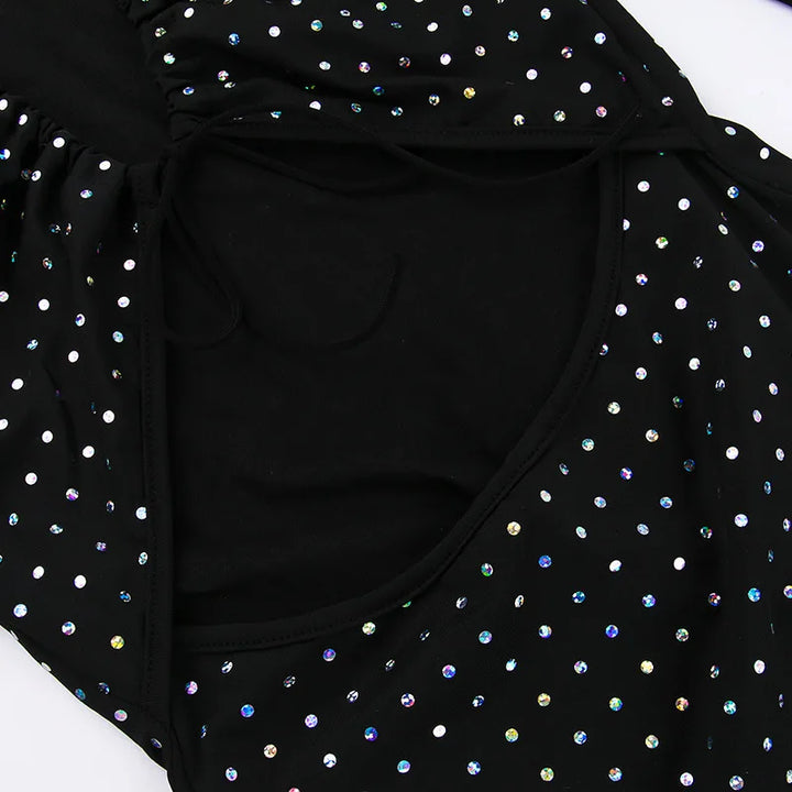 Maxi evening dress with sequins, decorated with a tie neckline - Michaela