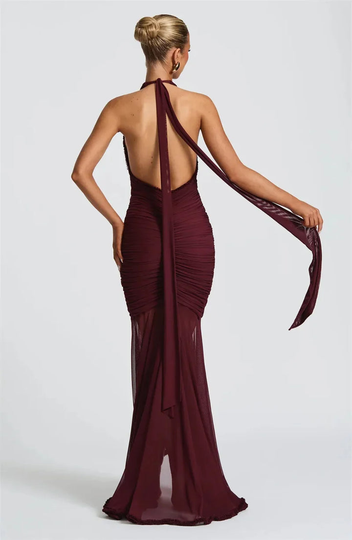Maxi chiffon dress with ruffles, tie neck, and open back - MARGARITA