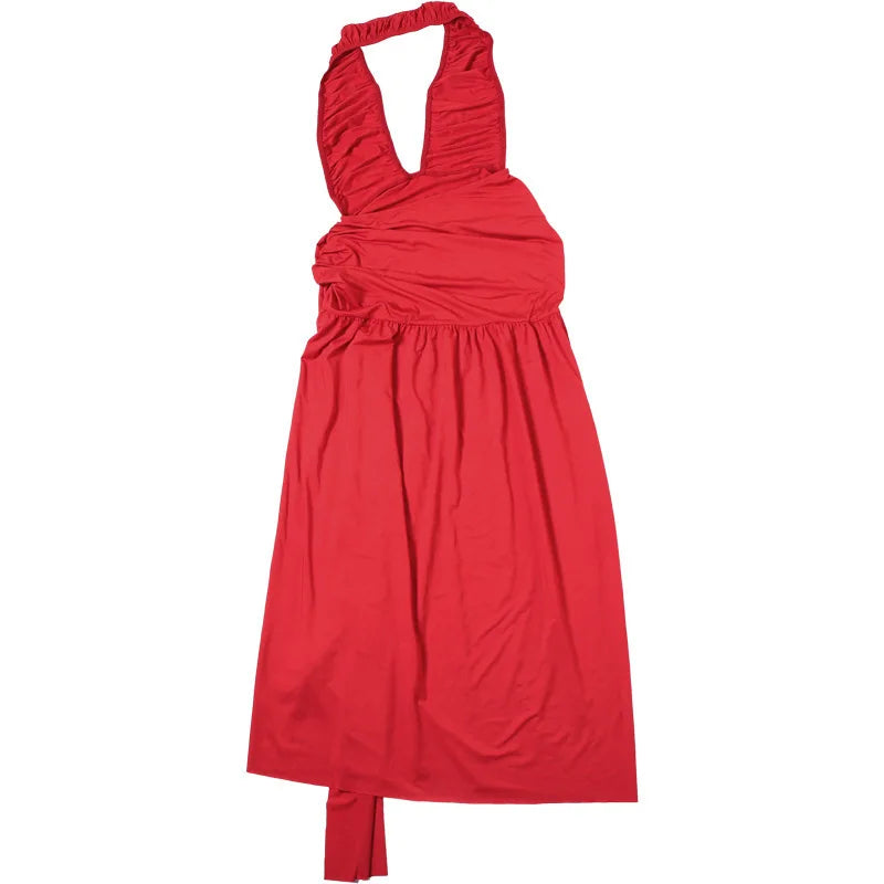Ruched Maxi Dress with Tie Decoration, Open Back, and Deep V Neckline - Peleg