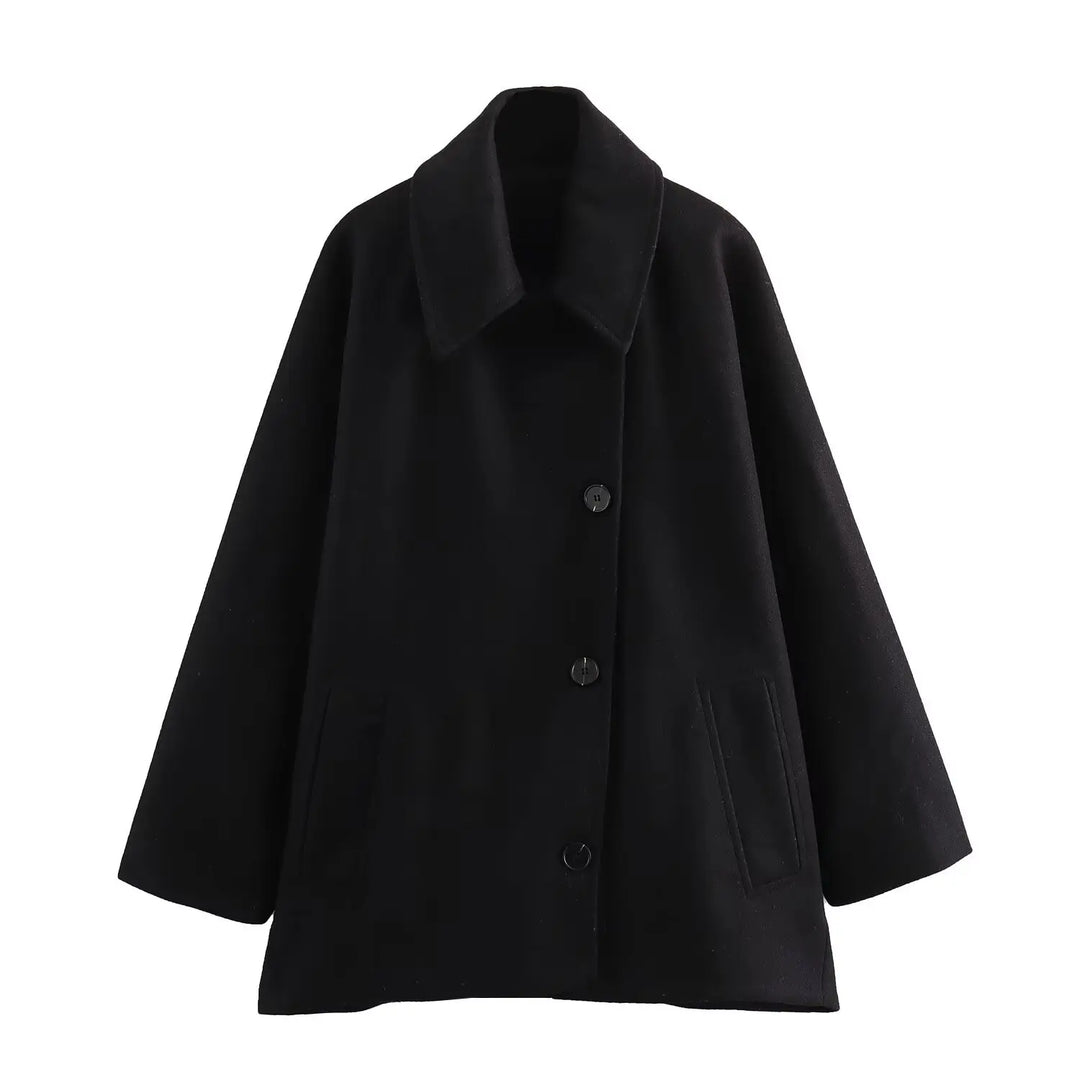 Oversized Wool Coat with Asymmetric Button Closure and Polo Collar - Hollandia
