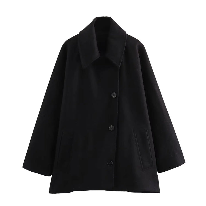 Oversized Wool Coat with Asymmetric Button Closure and Polo Collar - Hollandia