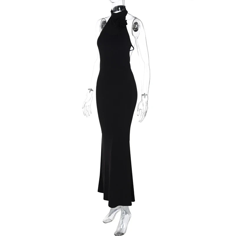 Knitted Collar Maxi Dress with Flower Decoration and Open Back - Amalia