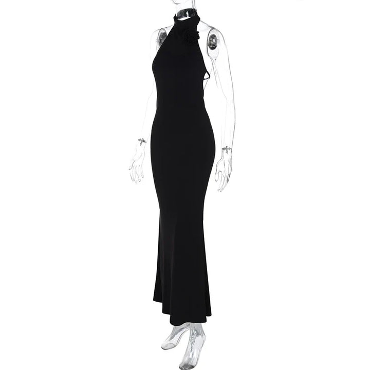 Knitted Collar Maxi Dress with Flower Decoration and Open Back - Amalia