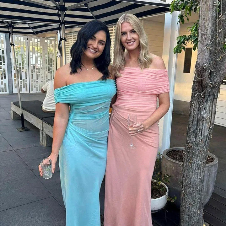 Maxi dress with ruching, mesh design and off-shoulder - Keshet