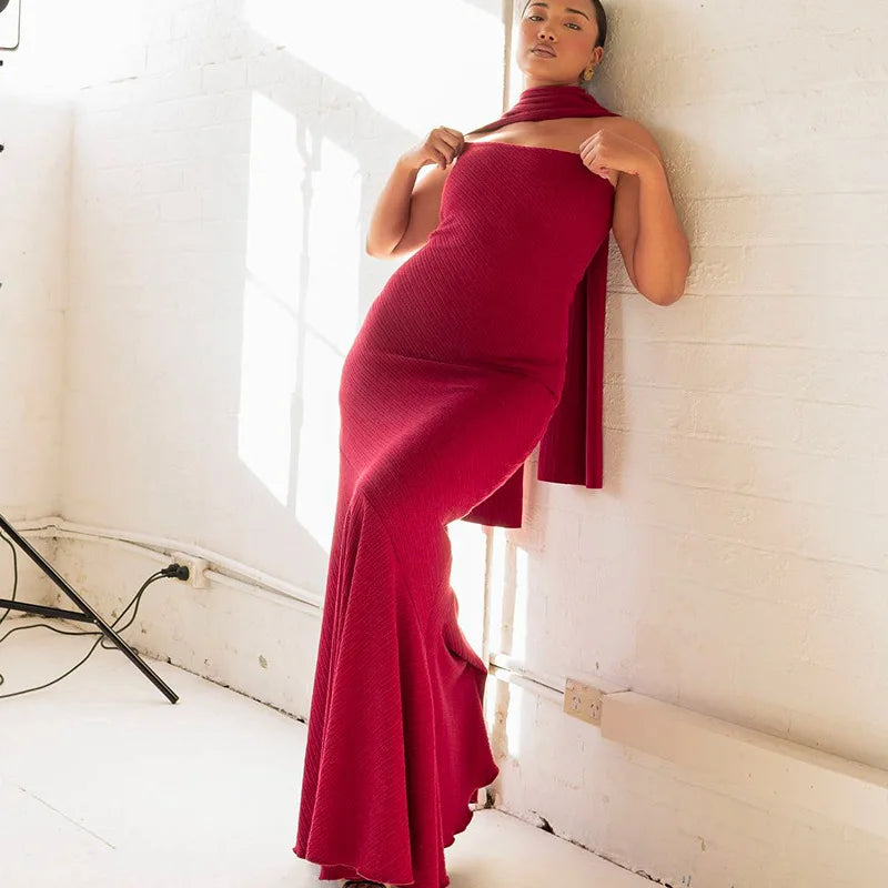 Strapless Maxi Dress with Scarf - Elinora