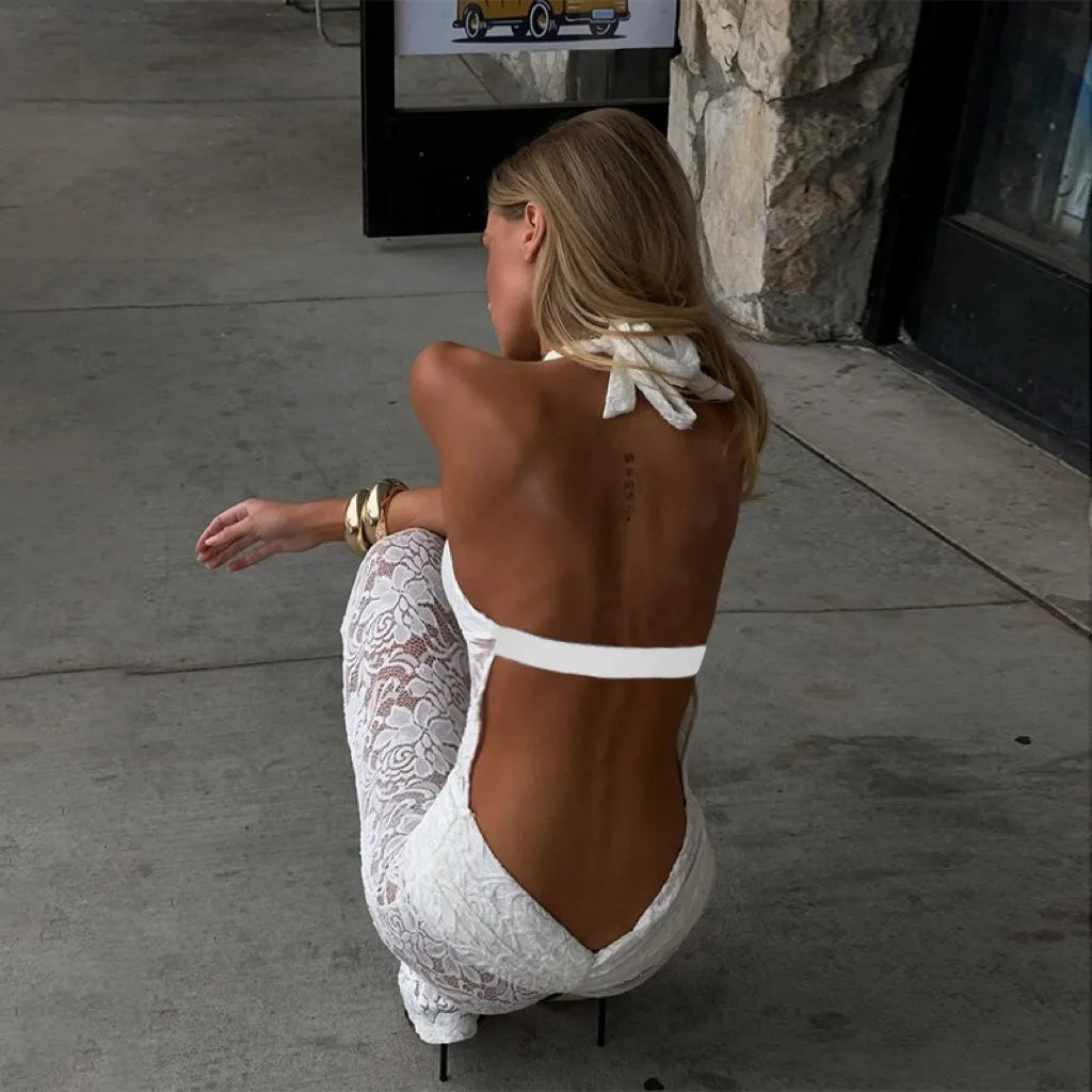 Long lace jumpsuit with open back and buckle details - Brighton
