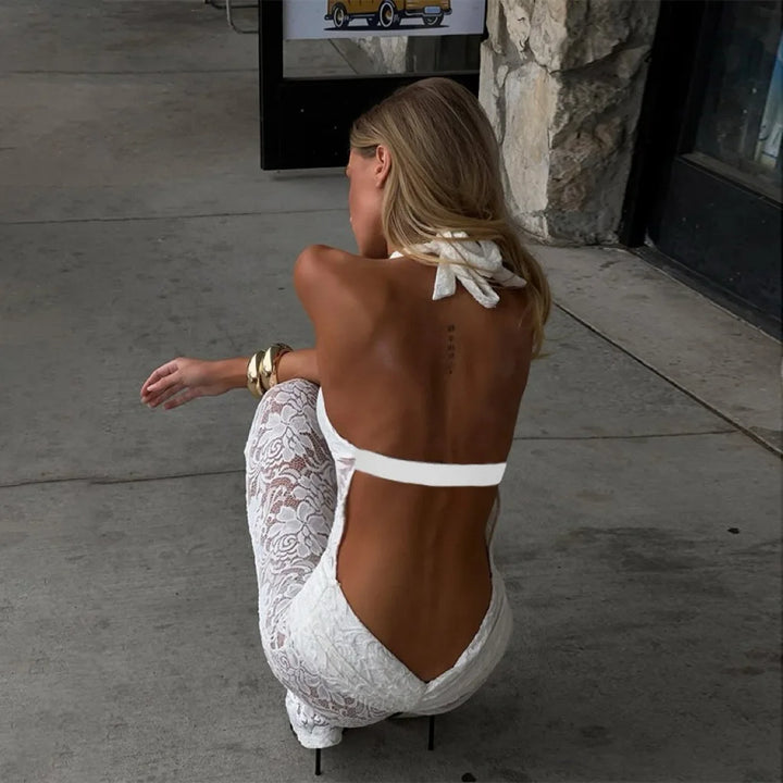 Long lace jumpsuit with open back and buckle details - Brighton