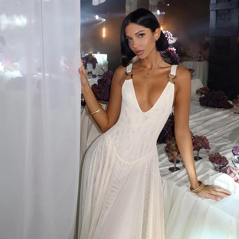 Chiffon Maxi Dress with Buckle Details on Straps - Maria