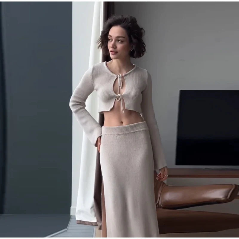 Two-piece knitted set with maxi skirt and tie-up top - Yamit