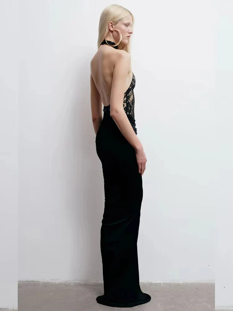 Maxi Dress with Ruching, Collar Cut, Opaque Lace Design, and Open Back - Elliana