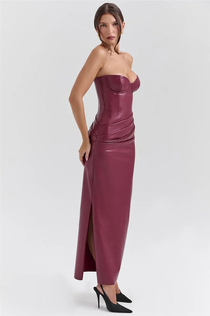 Strapless faux leather maxi dress with ruching and slit design - Marian