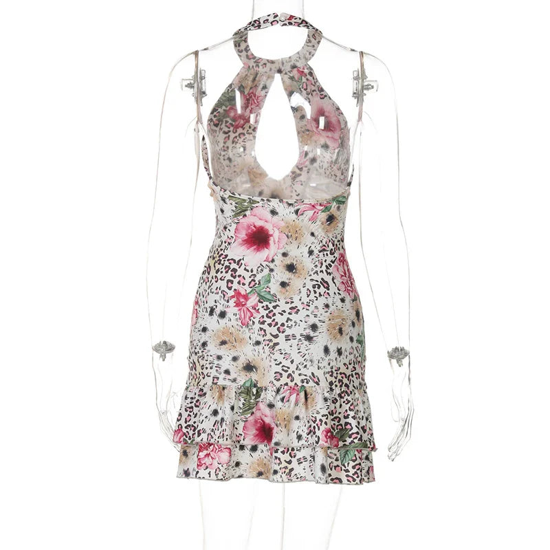 Mini dress with leopard print collar and floral decoration, open back - Chili