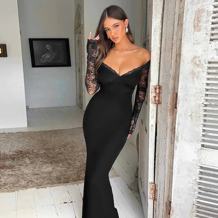 Maxi Dress with Lace Sleeve Detail and Off-Shoulder Design - Barbara