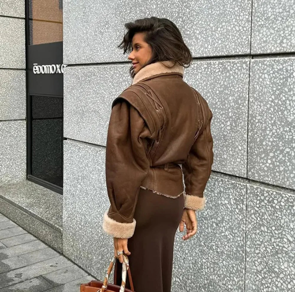 Leather coat with inner fur and belt tie design - Moran