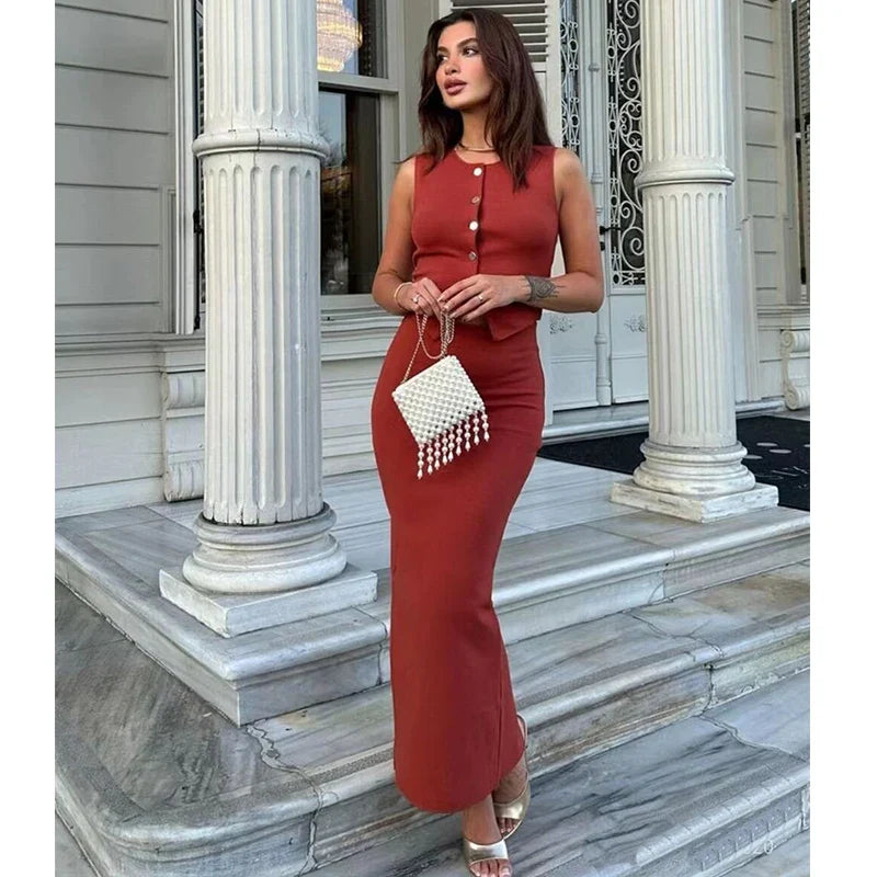 Two-Piece Knit Set with Buttoned Vest and Maxi Skirt - Polina
