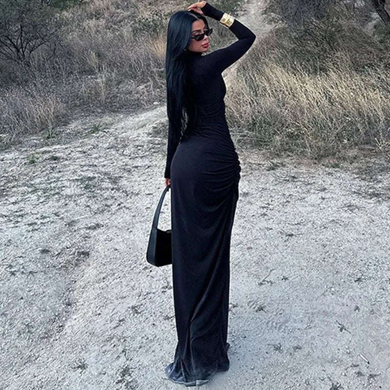 Maxi Dress with Ruching, Turtleneck, and Deep Slit - Sasha