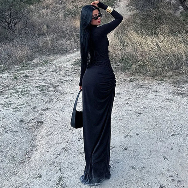 Maxi Dress with Ruching, Turtleneck, and Deep Slit - Sasha