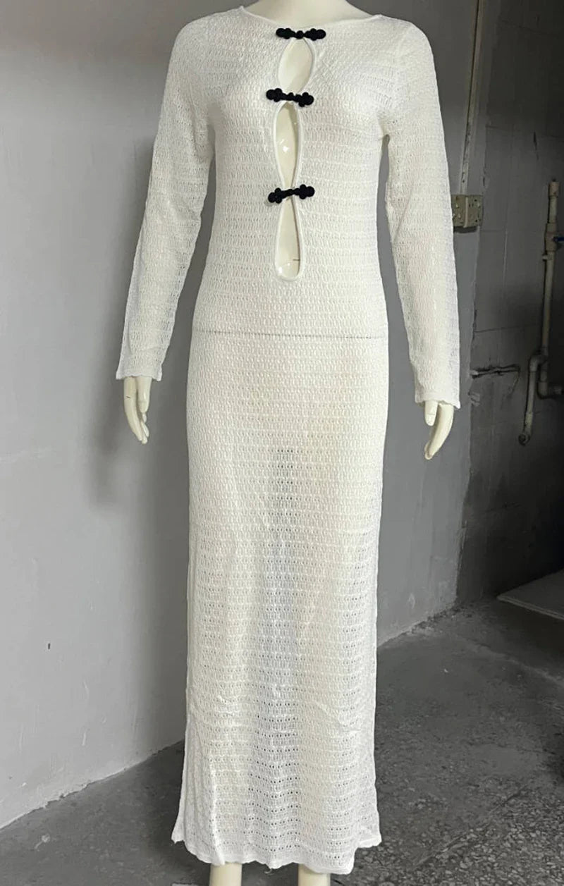 Knitted Maxi Beach Dress with Pin Decoration and Tie Detail on Open Back - Mikayla