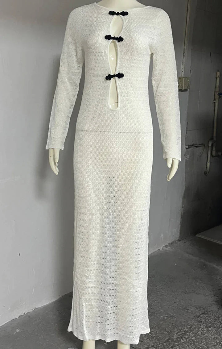 Knitted Maxi Beach Dress with Pin Decoration and Tie Detail on Open Back - Mikayla