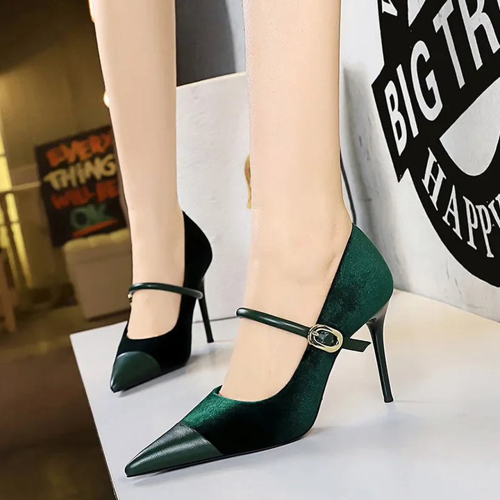 Pointed Heel Shoes with Velvet and Faux Leather Buckle Decoration - Mabel