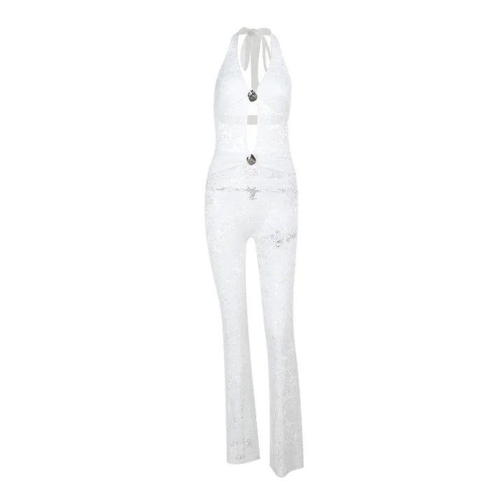 Long lace jumpsuit with open back and buckle details - Brighton