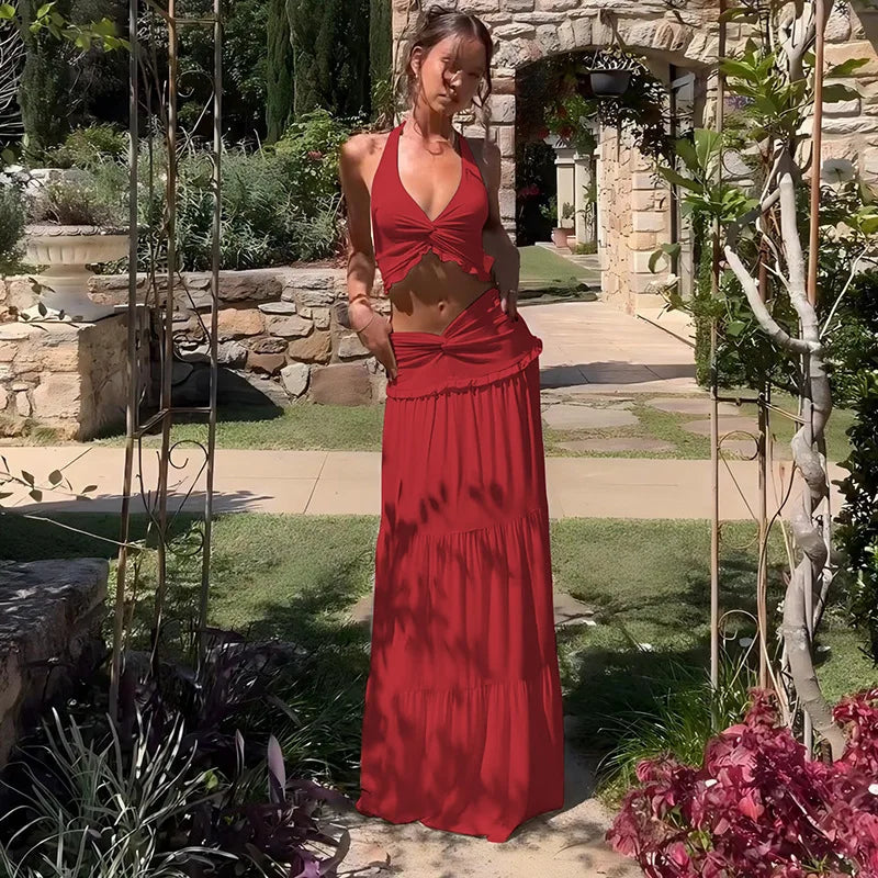 Two-piece set maxi skirt and neck tie top - Lorenza