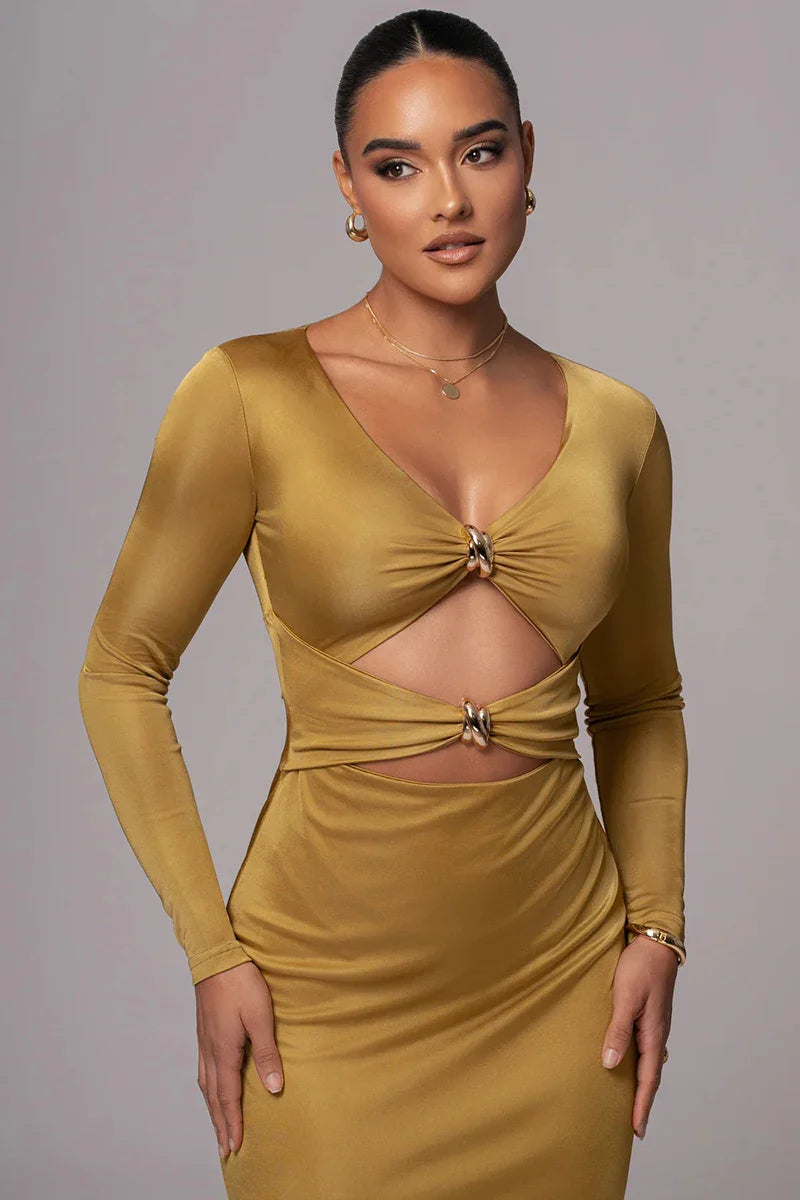 Fitted Shaping Fabric Maxi Dress with Cutouts and Buckles - Lauren