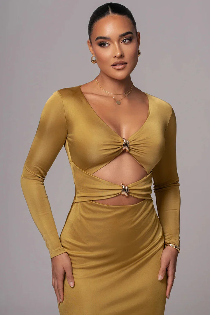 Fitted Shaping Fabric Maxi Dress with Cutouts and Buckles - Lauren