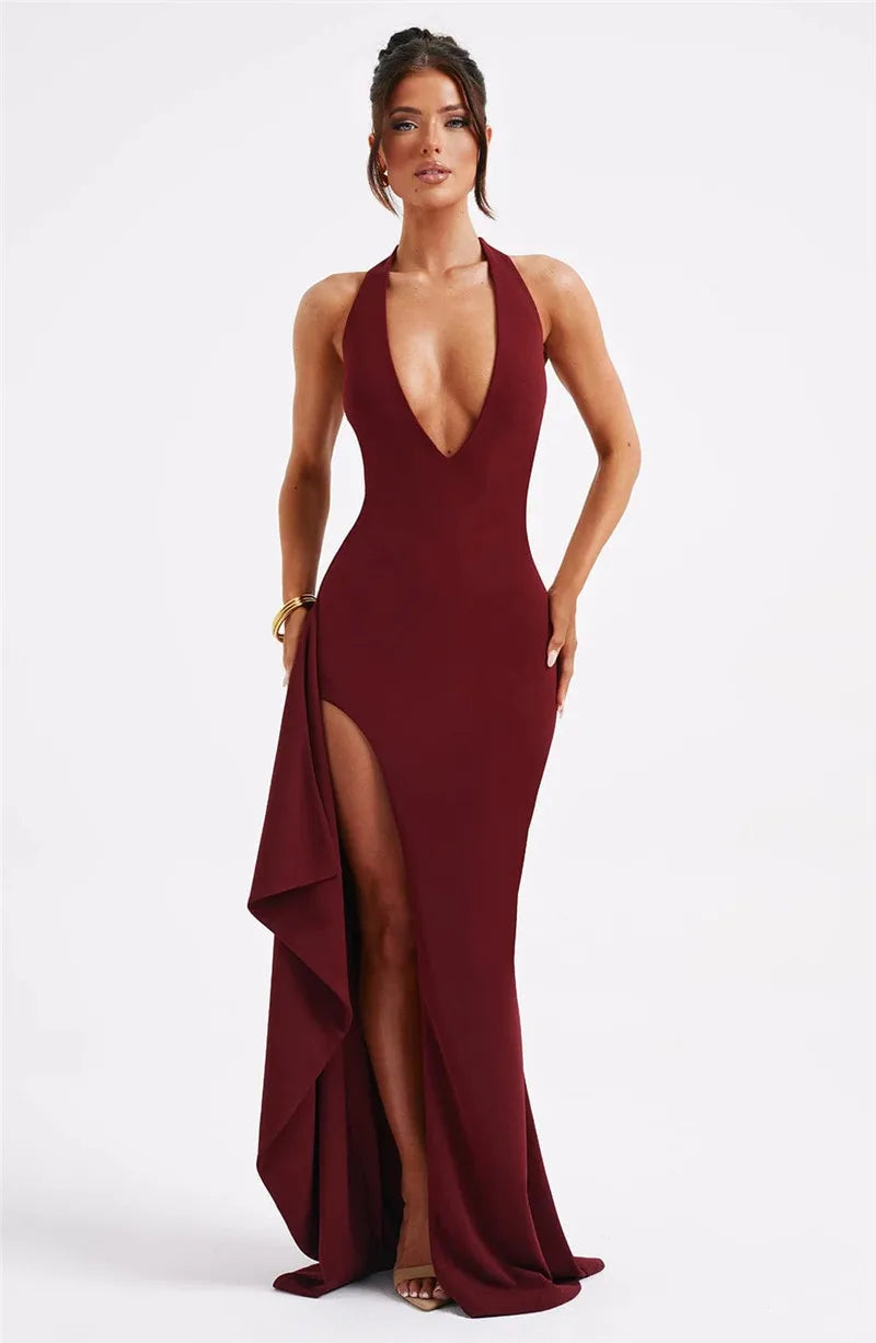 Luxury Maxi Dress with V-Neck, Deep Slit, and Open Back - Alicia