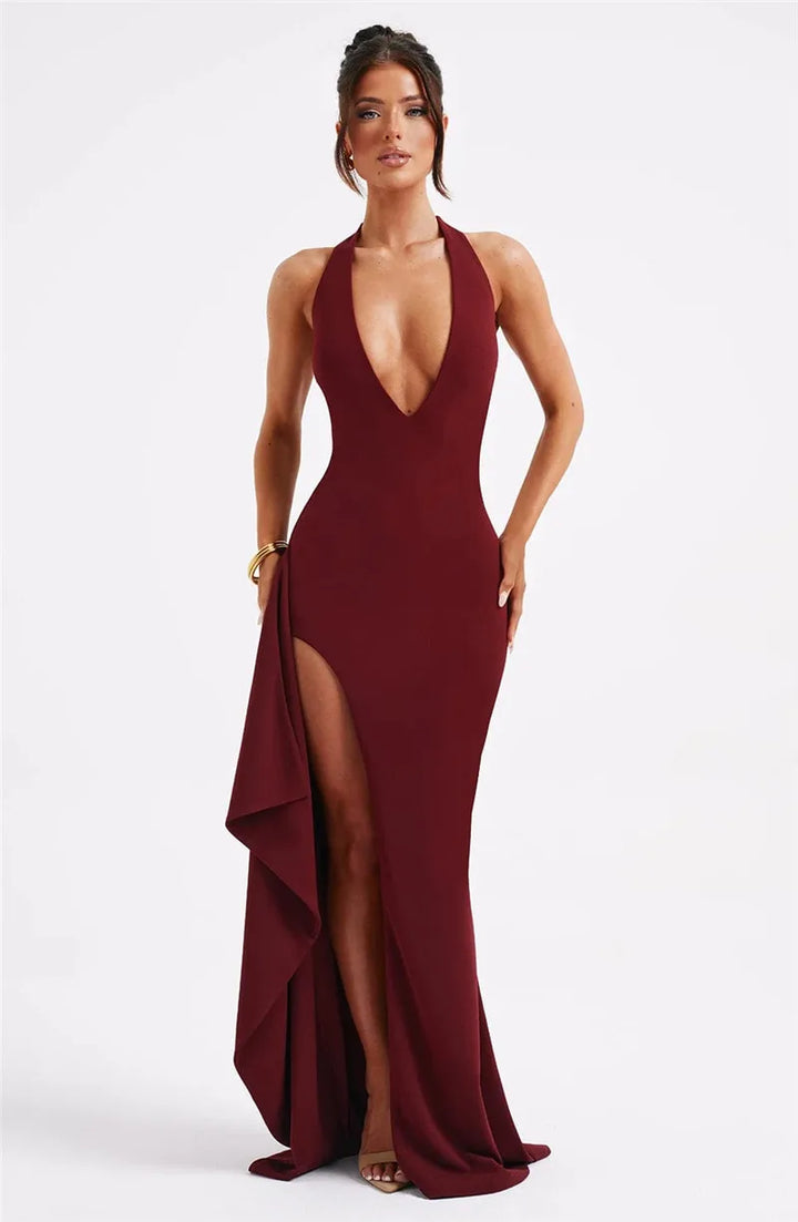 Luxury Maxi Dress with V-Neck, Deep Slit, and Open Back - Alicia