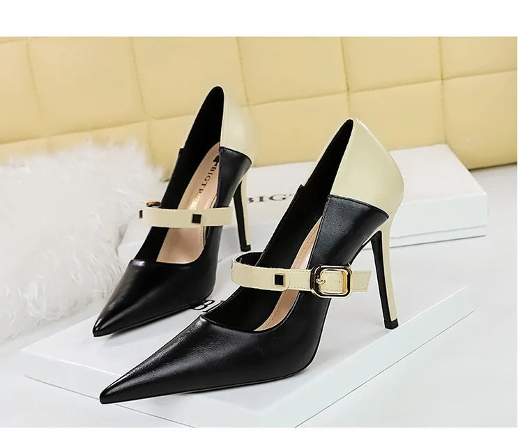 Faux Leather Pointed Heel Shoes with Buckle Decoration - Margaret