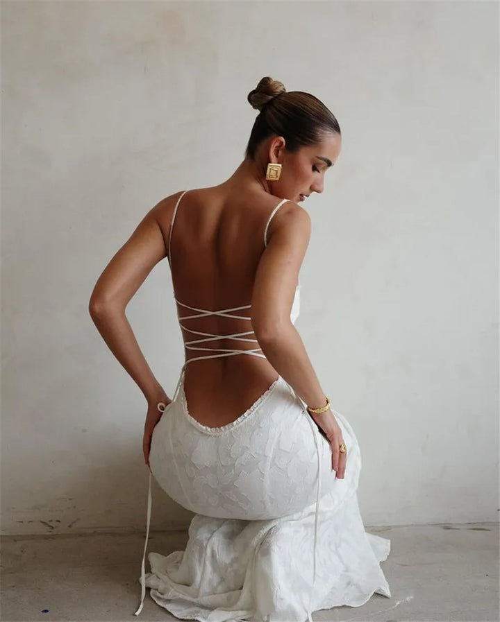 Chiffon Maxi Dress with Leaf Embroidery and Back Tie Design - BLANCA