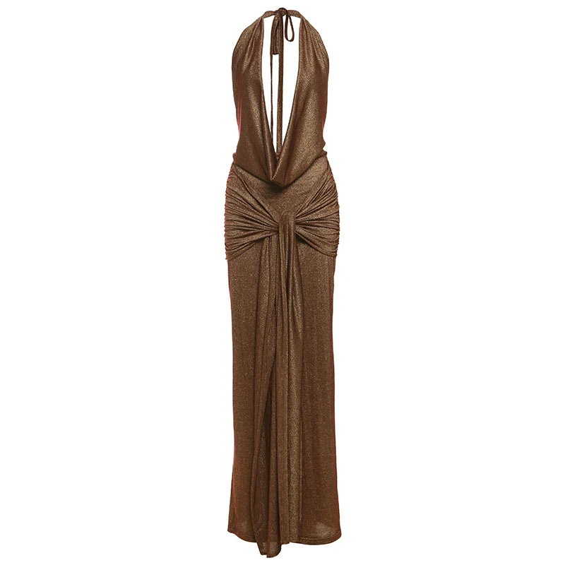 Sequin Maxi Dress with Draped Collar and Pleated Design - Angela