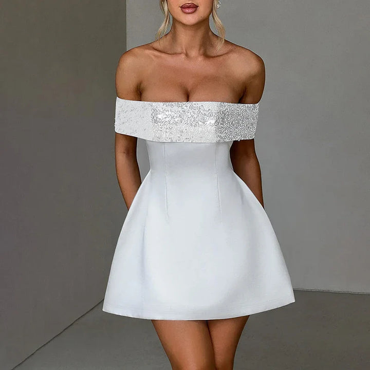 A-Line Mini Dress with Off-Shoulder Sequin Decoration - Lorian