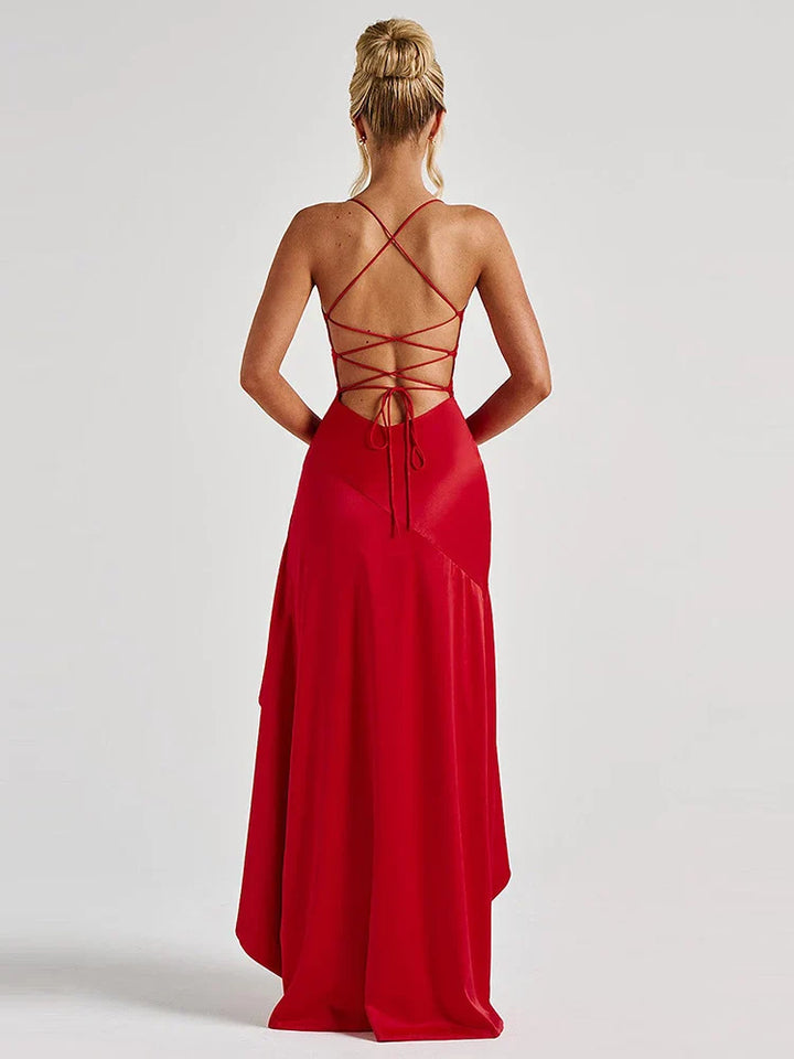 Satin ruffled maxi dress with back ties - Fabiola