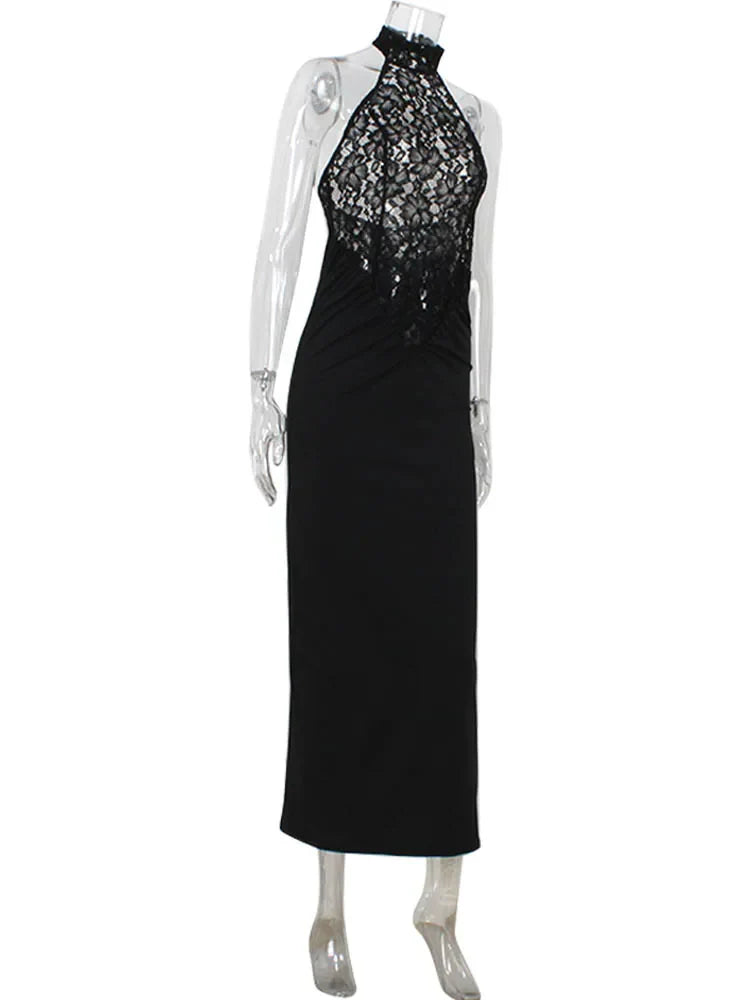 Maxi Dress with Collar, Lace Design, Sheer Hem, and Open Back - Eliza
