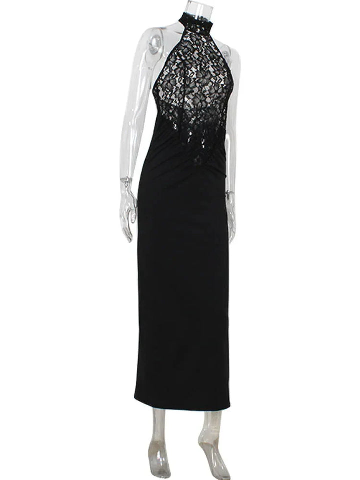 Maxi Dress with Collar, Lace Design, Sheer Hem, and Open Back - Eliza