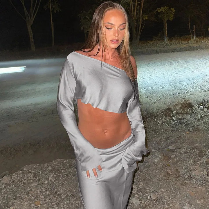 Two-piece satin set with blouse and maxi skirt - Daniela