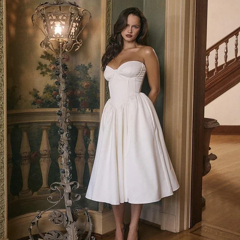 Strapless Midi Dress with A-Line and Elegant Design - Simone