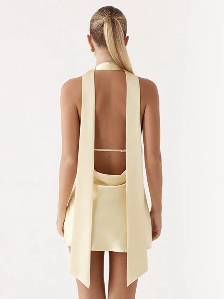 Satin mini dress with V neckline decorated with matching scarf - Karina