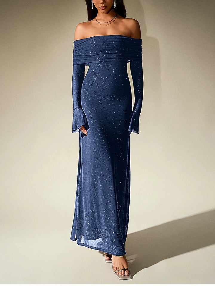 Sequin maxi dress with off-shoulder design and bell sleeves - Margarita